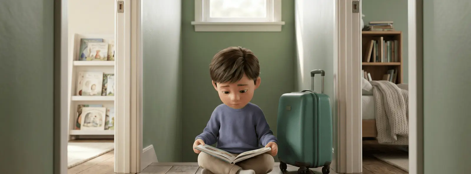 Enfant de 5 ans assis dans un couloir entre deux portes ouvertes sur deux chambres, tenant un livre illustré, sac de voyage à côté