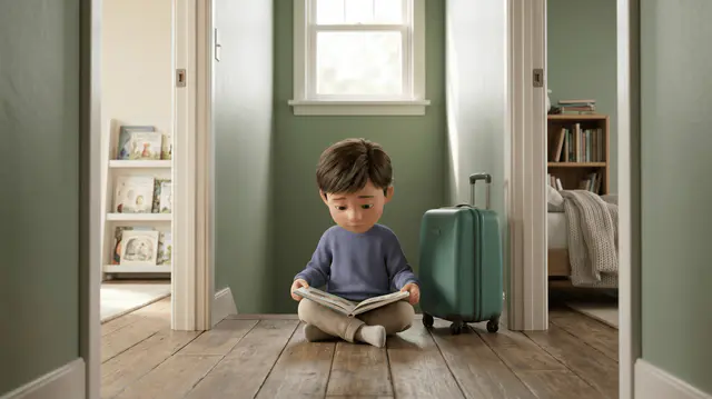 Enfant de 5 ans assis dans un couloir entre deux portes ouvertes sur deux chambres, tenant un livre illustré, sac de voyage à côté