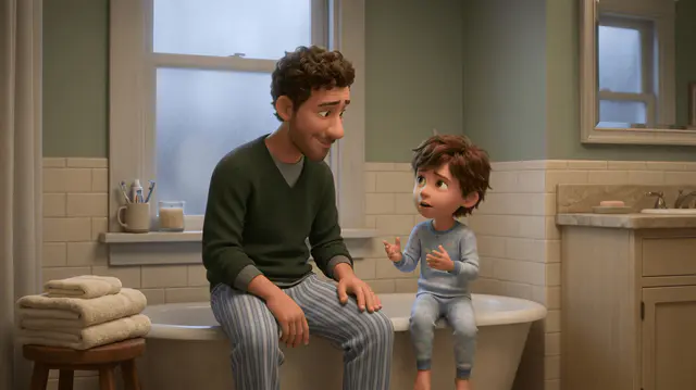 Parent et enfant de 6 ans assis sur le bord d'une baignoire en pyjama, en conversation calme, serviettes pliées sur un tabouret