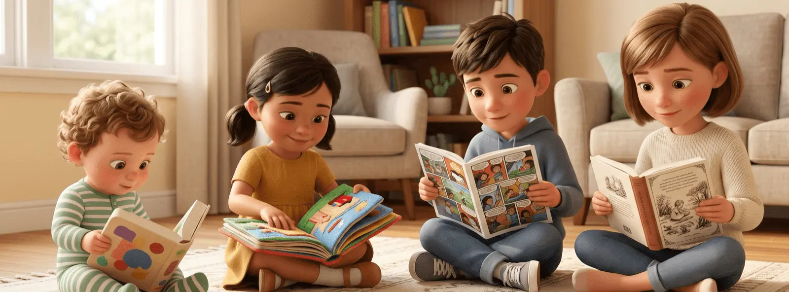 Quatre enfants d'âges différents (2, 4, 6, 8 ans) assis en rang sur un tapis, chacun absorbé dans un livre adapté à son âge