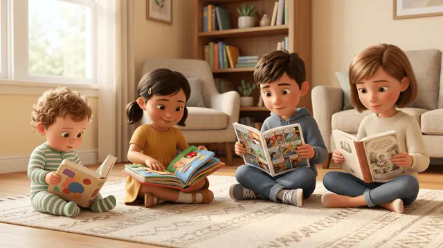 Quatre enfants d'âges différents (2, 4, 6, 8 ans) assis en rang sur un tapis, chacun absorbé dans un livre adapté à son âge
