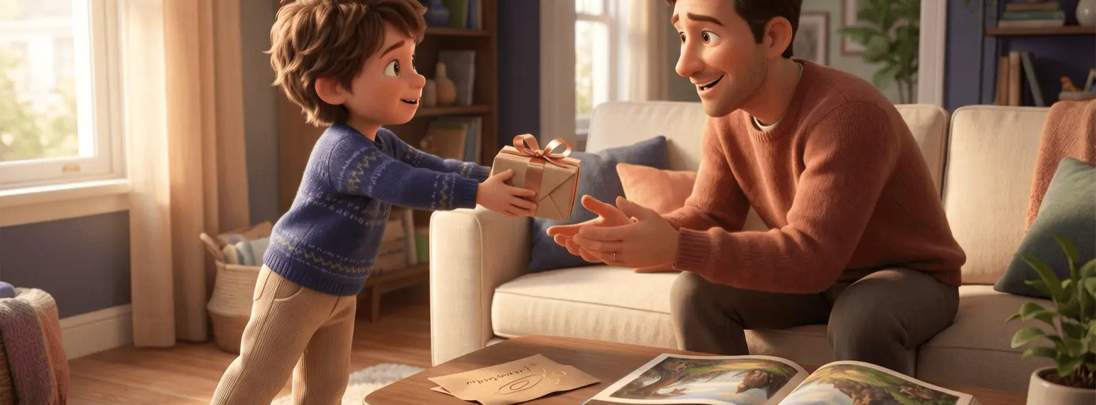 Enfant de 6 ans tendant un cadeau emballé à son père assis sur un canapé, livre illustré et carte sur la table basse