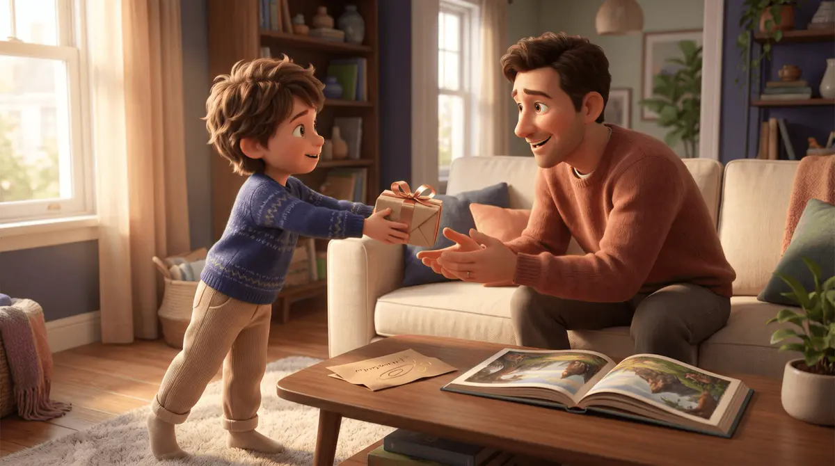 Enfant de 6 ans tendant un cadeau emballé à son père assis sur un canapé, livre illustré et carte sur la table basse