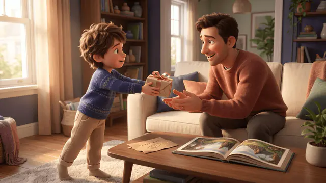 Enfant de 6 ans tendant un cadeau emballé à son père assis sur un canapé, livre illustré et carte sur la table basse
