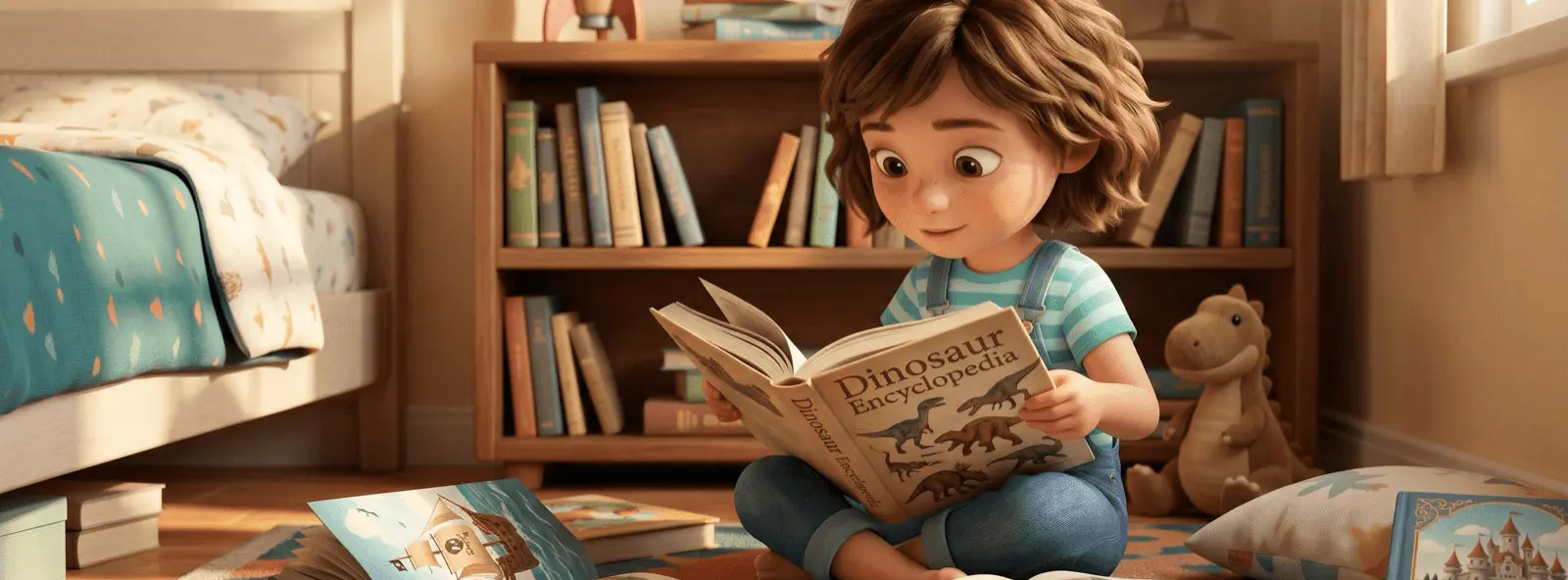 Fillette de 6 ans assise sur le sol entourée de livres aux thèmes variés, lisant un livre dinosaure