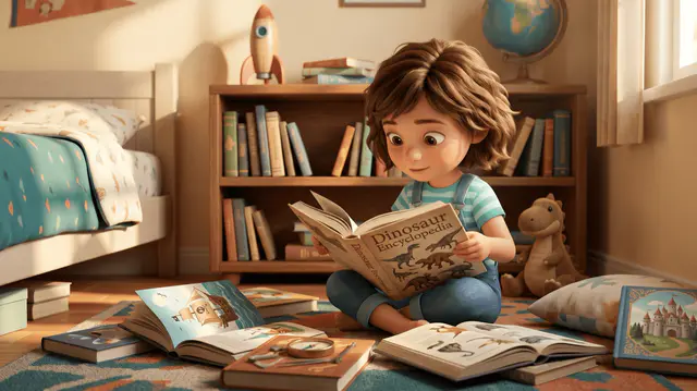 Fillette de 6 ans assise sur le sol entourée de livres aux thèmes variés, lisant un livre dinosaure