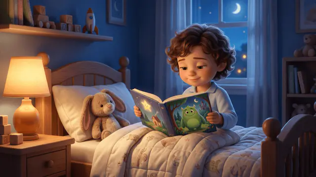 Enfant de 4 ans dans son lit sous une couette, tenant un livre illustré ouvert montrant un monstre vert amical, lampe de chevet allumée