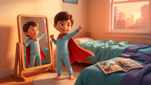Enfant de 5 ans devant un miroir bas en pyjama avec cape rouge, posant fièrement, comic book ouvert sur le lit
