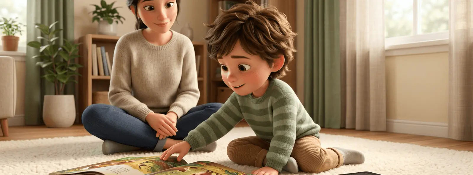 Enfant de 5 ans sur un tapis avec un grand livre illustré ouvert à gauche et une tablette éteinte à droite, tendant la main vers le livre