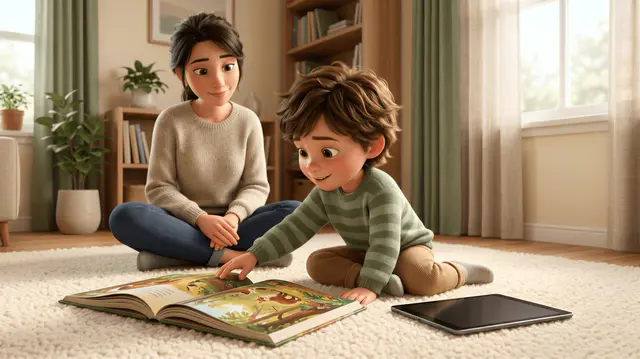 Enfant de 5 ans sur un tapis avec un grand livre illustré ouvert à gauche et une tablette éteinte à droite, tendant la main vers le livre