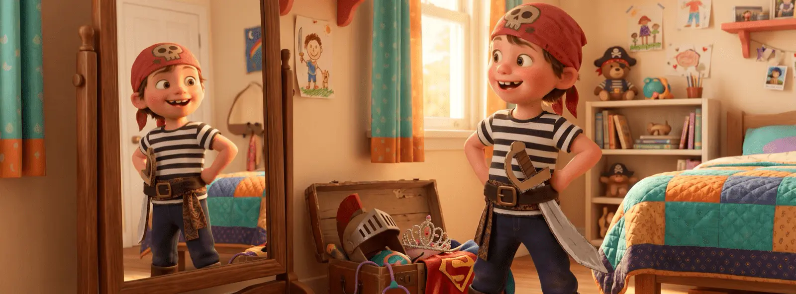 Enfant de 5 ans devant un miroir en pied en costume de pirate fait main, sourire confiant, boîte d'accessoires de déguisement à ses pieds
