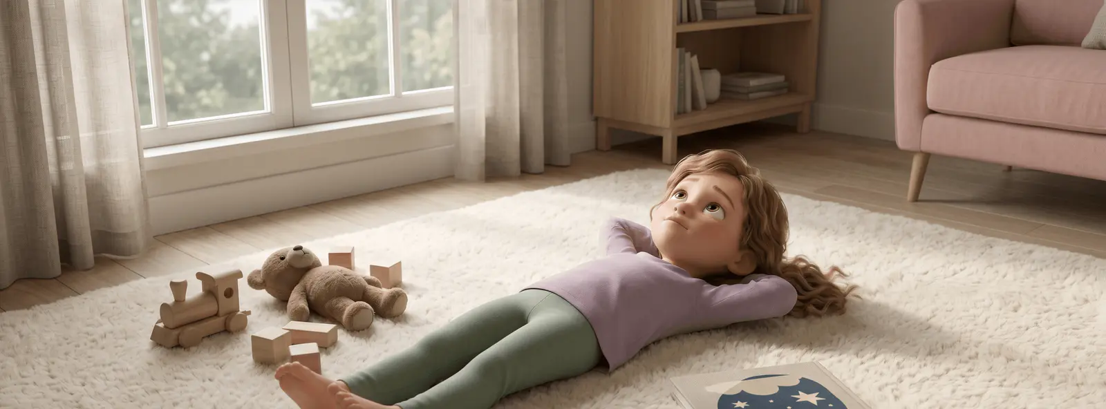 Enfant de 6 ans allongé sur le dos sur un tapis crème dans un salon calme, mains derrière la tête, regard absent vers le plafond. À côté, un train en bois, une peluche ours et un livre illustré fermé.