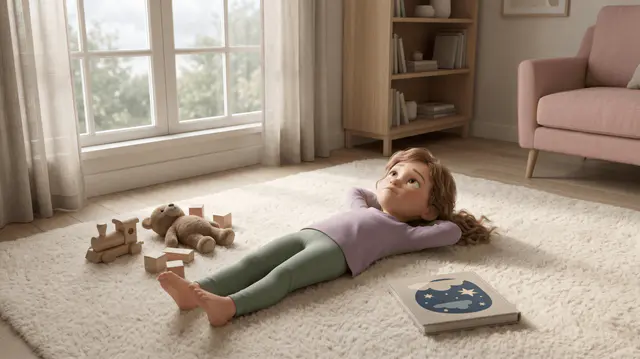 Enfant de 6 ans allongé sur le dos sur un tapis crème dans un salon calme, mains derrière la tête, regard absent vers le plafond. À côté, un train en bois, une peluche ours et un livre illustré fermé.