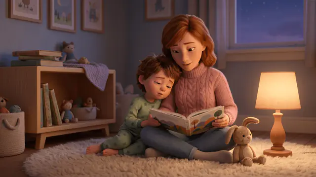 Parent et enfant de 4 ans serrés sur un tapis de chambre, livre ouvert ensemble, lampe de chevet ambrée