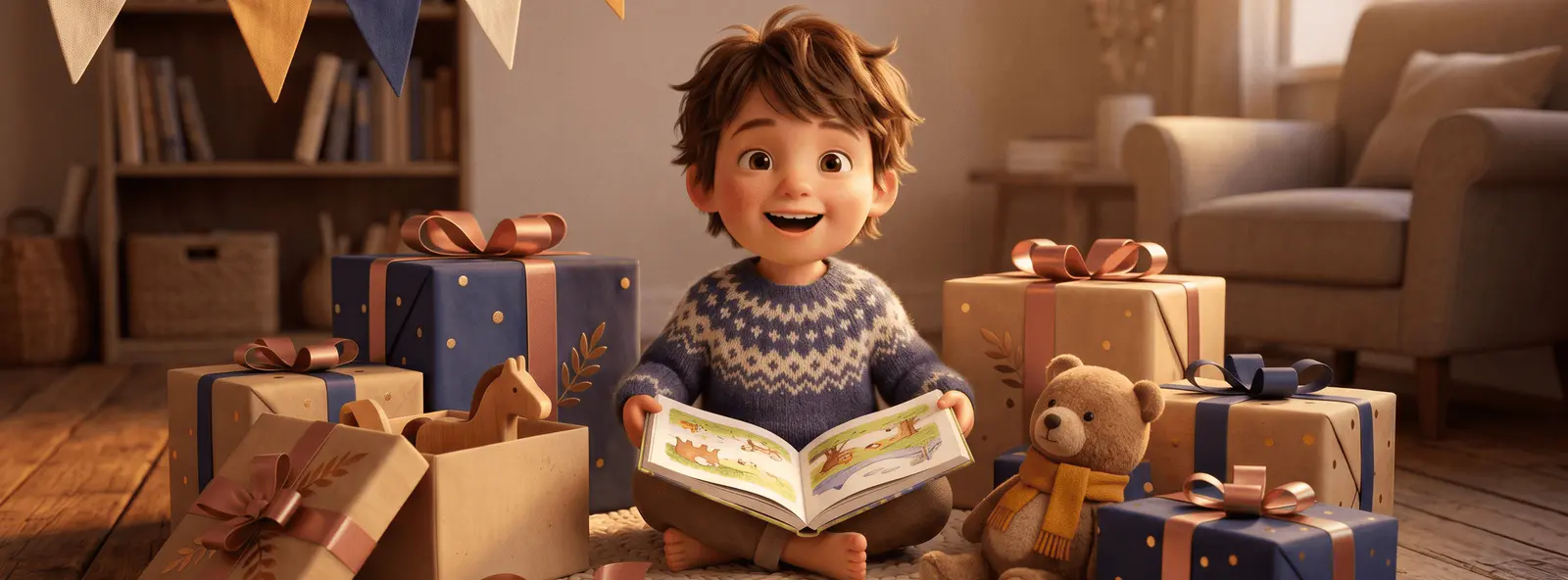 Enfant de 4 ans assis au sol entouré de cadeaux emballés, livre illustré ouvert dans les mains, sourire radieux, guirlande au-dessus