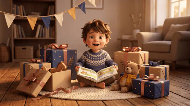 Enfant de 4 ans assis au sol entouré de cadeaux emballés, livre illustré ouvert dans les mains, sourire radieux, guirlande au-dessus