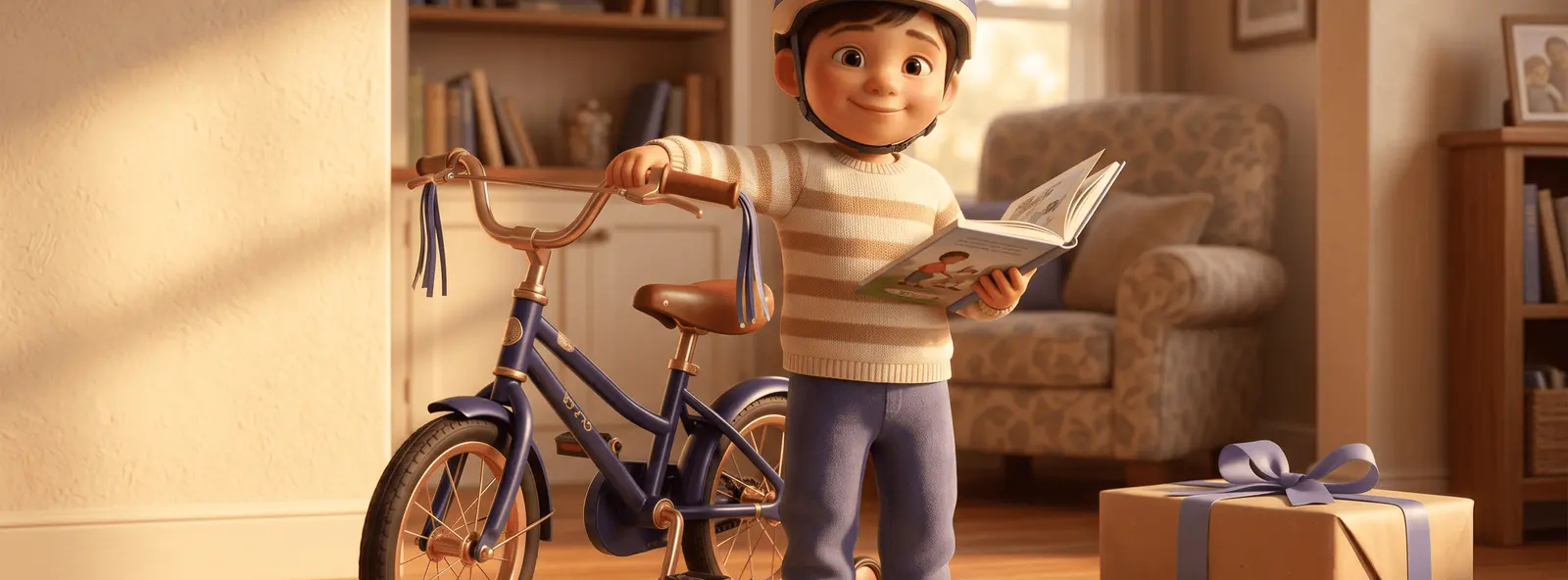 Enfant de 5 ans fier debout à côté d'un premier vélo sans roulettes, casque sur la tête, livre ouvert dans une main, cadeau emballé en arrière-plan