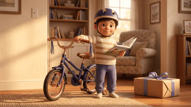 Enfant de 5 ans fier debout à côté d'un premier vélo sans roulettes, casque sur la tête, livre ouvert dans une main, cadeau emballé en arrière-plan