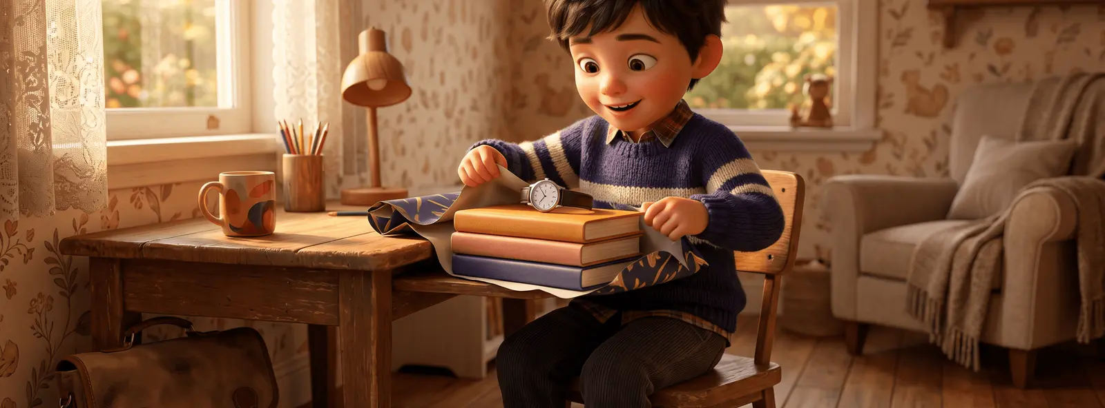 Enfant de 6 ans à un petit bureau ouvrant un cadeau qui révèle une pile de premiers romans et une montre, cartable à côté