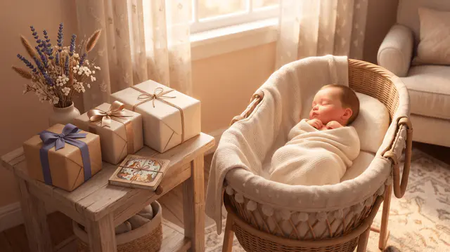 Bébé endormi dans un berceau en osier, table en bois à côté avec trois cadeaux emballés de tailles différentes, petit bouquet de fleurs séchées