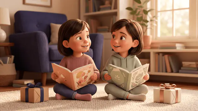 Jumelles de 4 ans assises côte à côte sur un tapis crème, chacune tenant un livre illustré différent, deux cadeaux à rubans colorés à côté