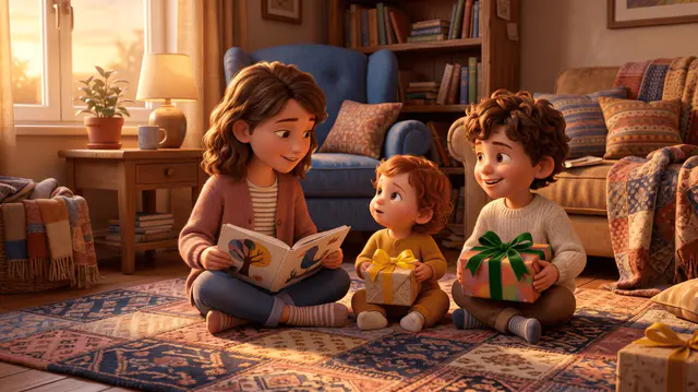 Trois enfants d'âges différents (7 ans, 5 ans, 18 mois) assis ensemble sur un tapis patchwork, chacun avec un livre ou cadeau différent