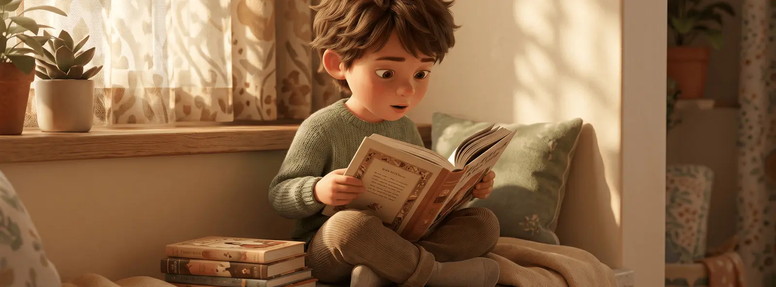 Enfant de 7 ans dans un coin lecture ensoleillé près d'une grande fenêtre, livre chapitre illustré ouvert dans les deux mains, étagère de livres à côté