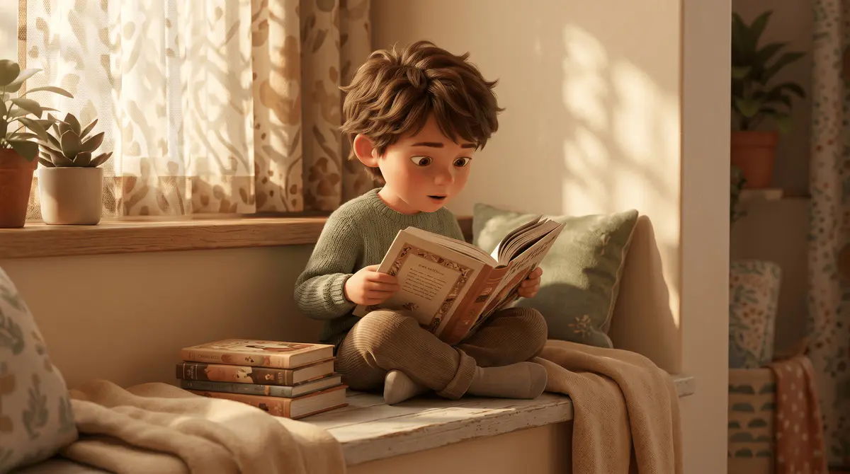 Enfant de 7 ans dans un coin lecture ensoleillé près d'une grande fenêtre, livre chapitre illustré ouvert dans les deux mains, étagère de livres à côté