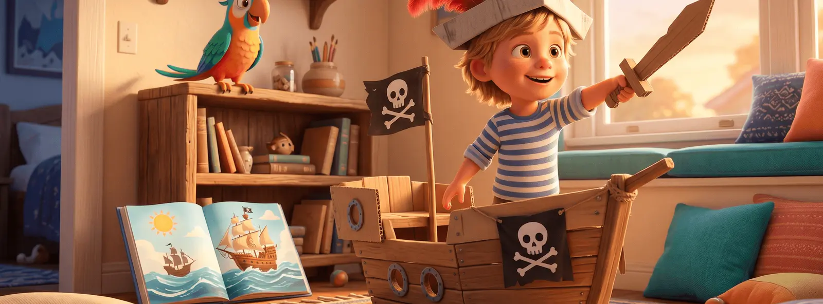 Enfant de 5 ans à la proue d'un petit bateau en bois dans un salon, chapeau pirate en papier, sabre en carton, livre illustré ouvert au sol