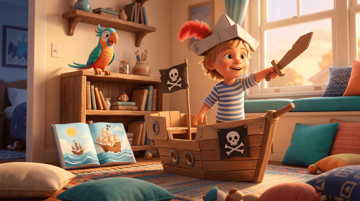 Enfant de 5 ans à la proue d'un petit bateau en bois dans un salon, chapeau pirate en papier, sabre en carton, livre illustré ouvert au sol