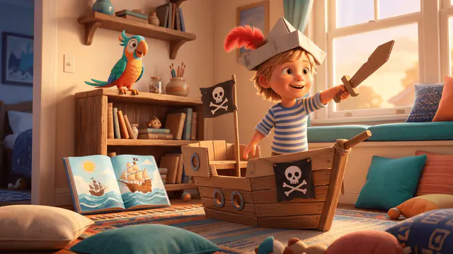 Enfant de 5 ans à la proue d'un petit bateau en bois dans un salon, chapeau pirate en papier, sabre en carton, livre illustré ouvert au sol