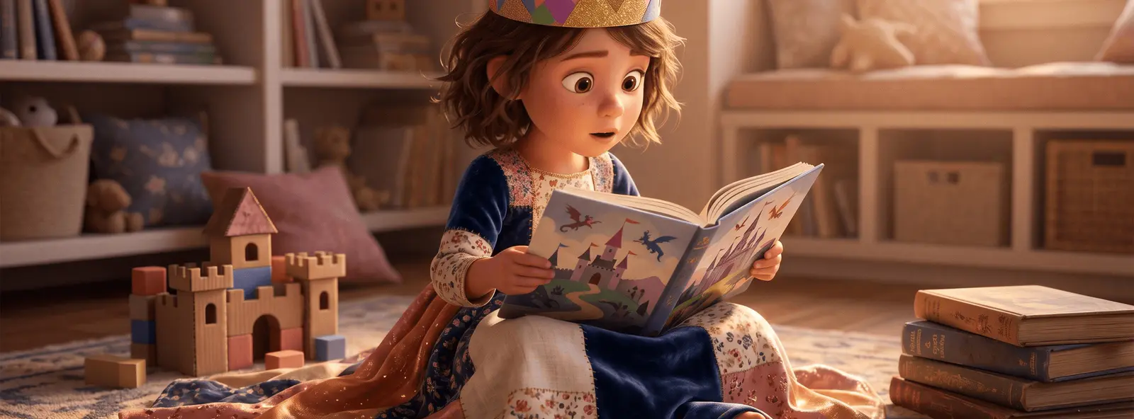 Fillette de 5 ans assise en tailleur portant une couronne en papier et une robe cousue main, livre illustré ouvert dans les mains, château miniature à côté