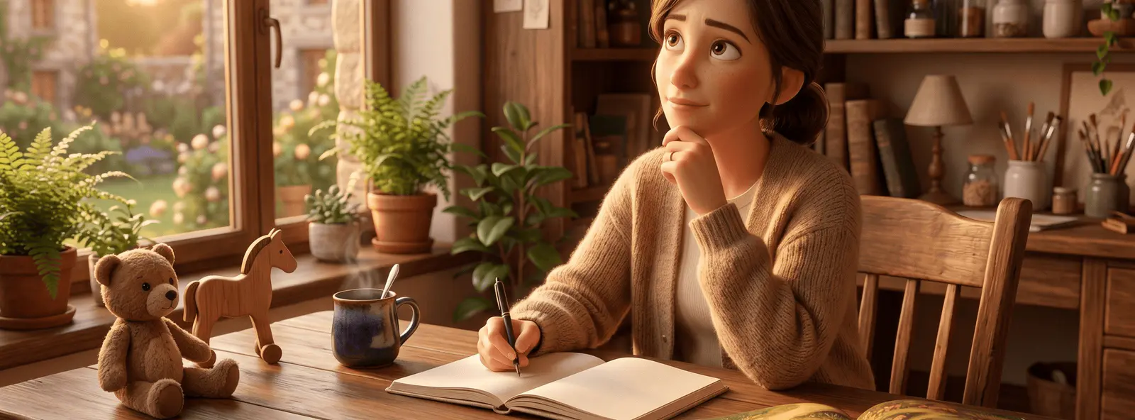 Parent à un bureau en bois avec un cahier ouvert, stylo en main, quelques jouets et un livre illustré de référence à côté, mug de café