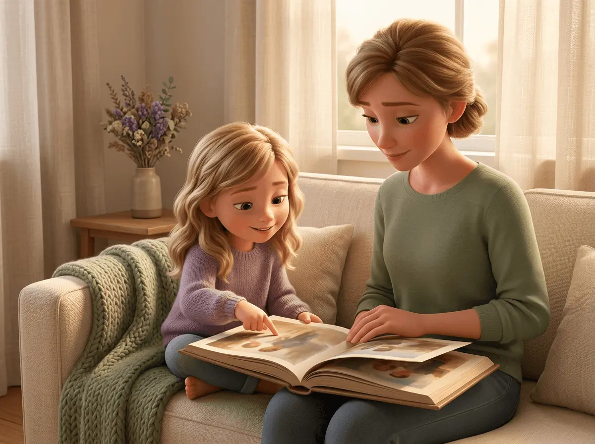Petite fille de 6 ans aux cheveux blonds ondulés, assise sur un canapé contre un parent, regardant ensemble un album photo posé sur leurs genoux, lumière douce de fin d'après-midi