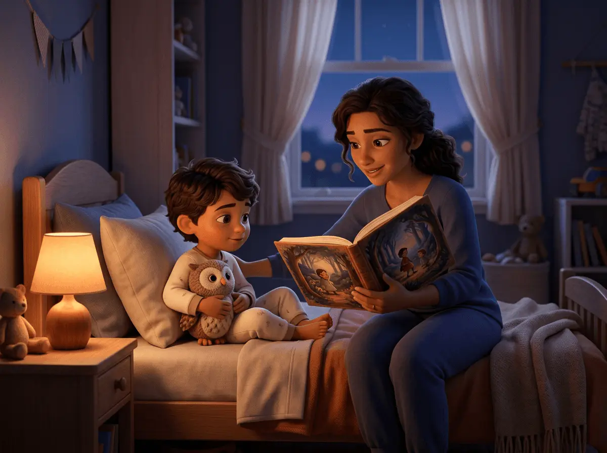 Petit garçon de 4 ans en pyjama assis dans son lit avec son doudou hibou, sa mère assise sur le bord du lit lui lit un livre illustré, lampe de chevet allumée