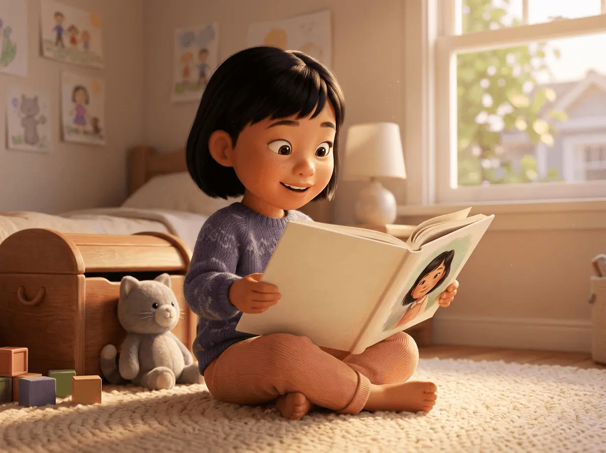 Petite fille de 5 ans aux cheveux noirs raides à frange, assise en tailleur sur un tapis, tenant un livre illustré ouvert avec un personnage qui lui ressemble, regard émerveillé