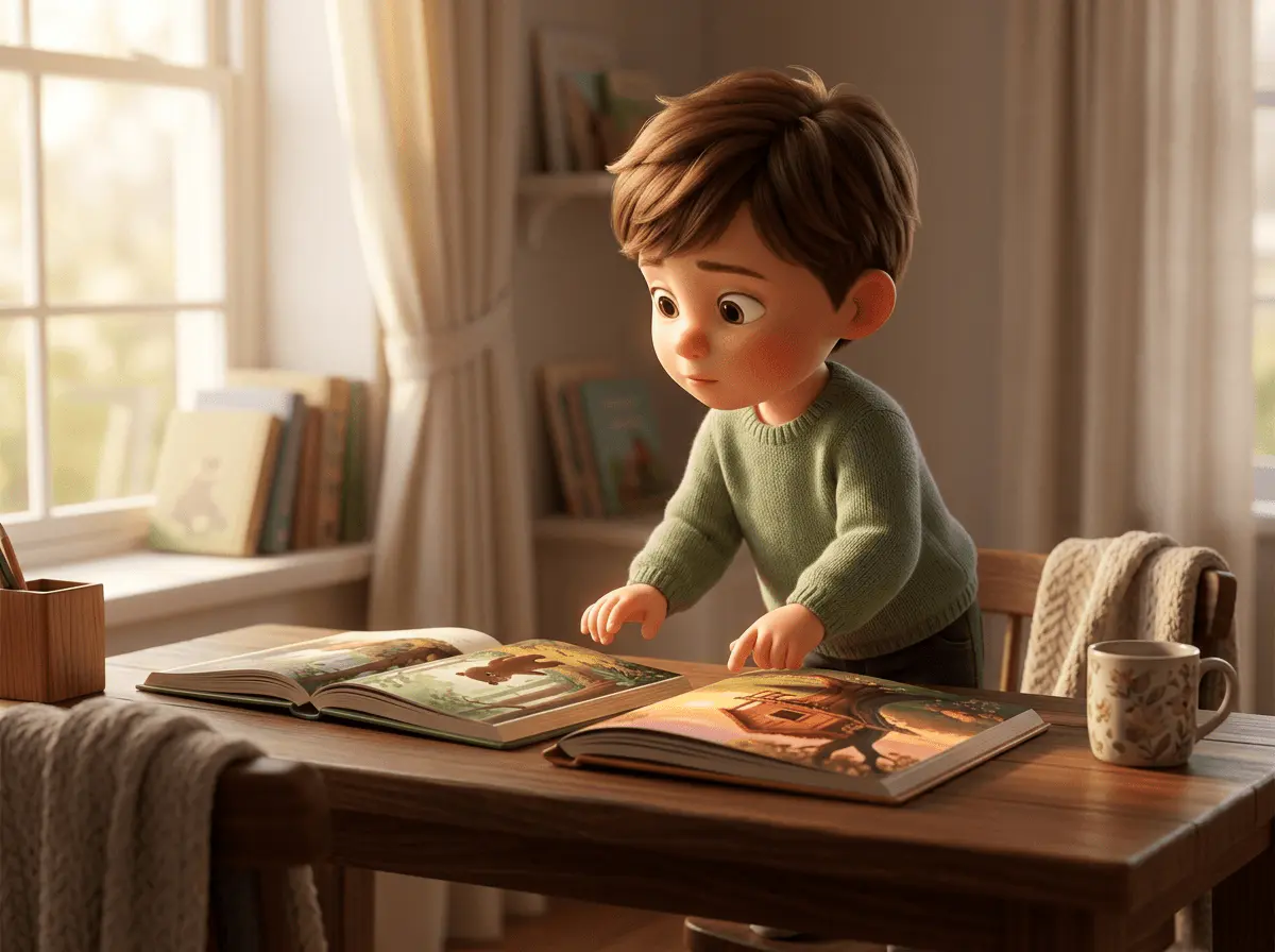 Enfant de 5 ans à la peau claire et aux cheveux châtains, debout devant une table en bois sur laquelle sont posés deux livres illustrés ouverts, main hésitant entre les deux