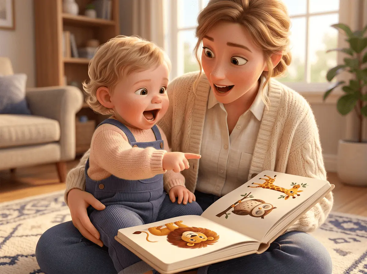 Bébé d'un an aux cheveux blonds ondulés et peau claire, sur les genoux d'un parent, doigt pointant un imagier ouvert, bouche entrouverte en plein babillage