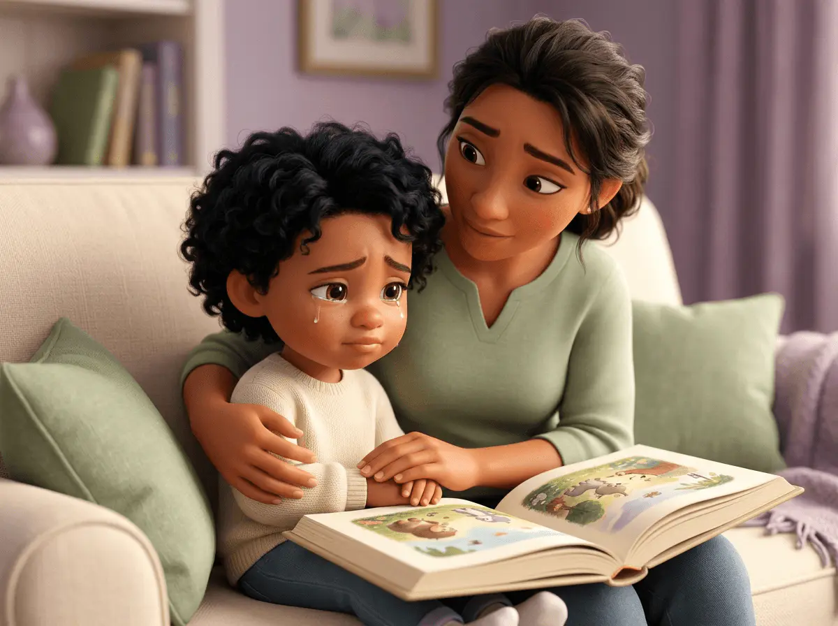 Enfant de 4 ans à la peau métisse claire et aux cheveux noirs bouclés, yeux humides, blotti contre un parent qui tient un livre illustré ouvert sur ses genoux