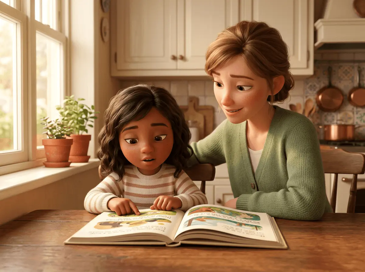 Petite fille de 6 ans à la peau brune chaude et aux cheveux ondulés foncés (famille mixte), assise à une table de cuisine, doigt pointant un mot dans un livre, parent assis à côté qui l'encourage du regard
