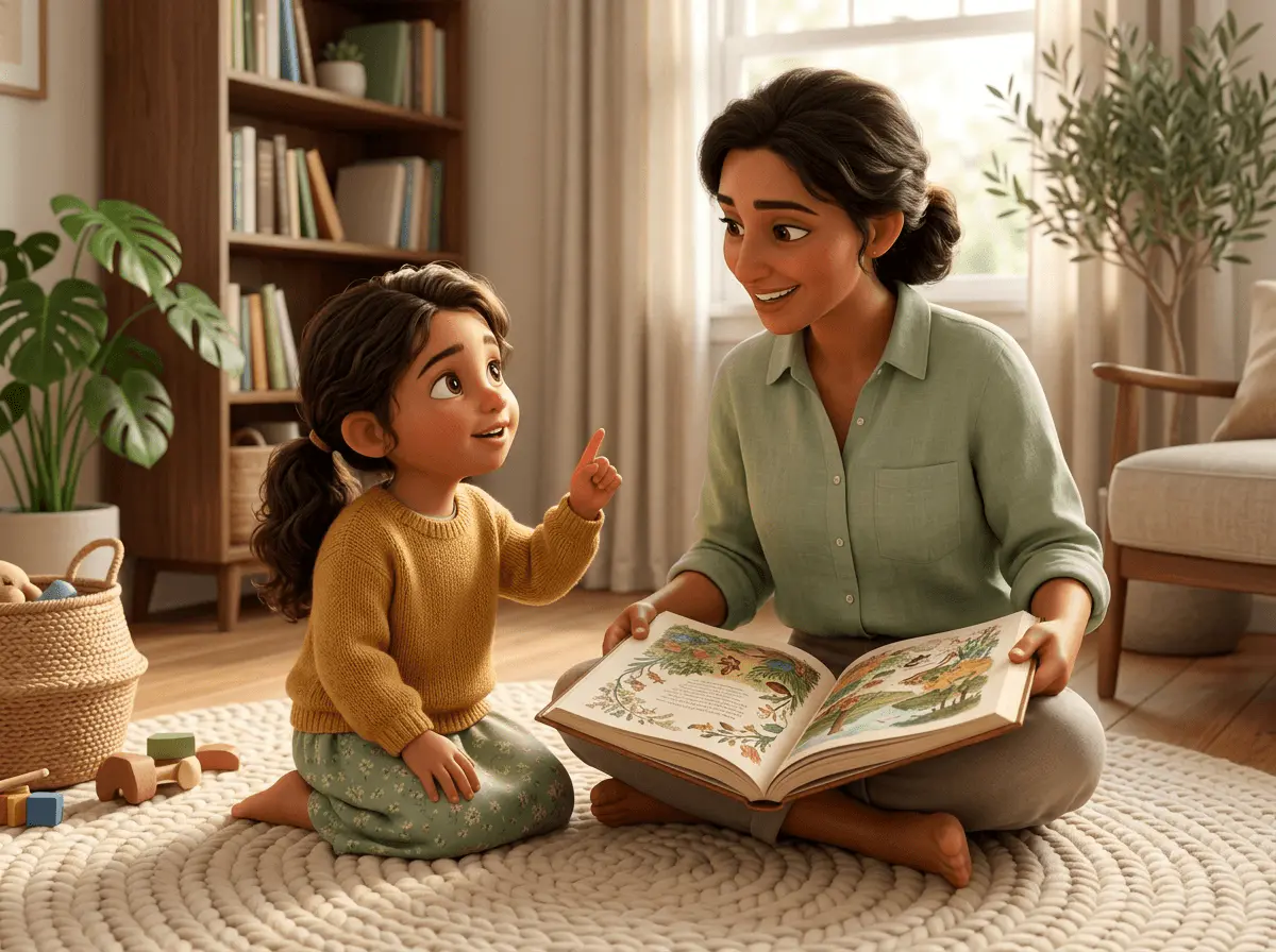 Petite fille de 4 ans à la peau olive maghrébine et aux cheveux bruns ondulés, doigt levé en posant une question, parent assis à côté tenant un livre de référence ouvert