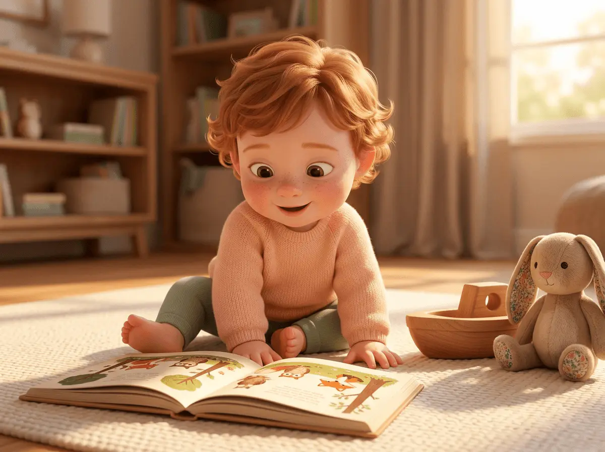 Bambin de 18 mois à la peau claire avec taches de rousseur et aux cheveux roux ondulés, sur un tapis, regardant un livre cartonné posé devant lui
