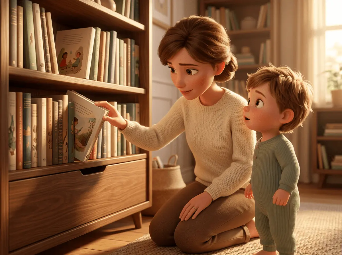 Parent à la peau claire et aux cheveux châtains agenouillé devant une étagère basse de livres pour enfants, sortant un livre illustré, son enfant de 3 ans debout à côté qui regarde