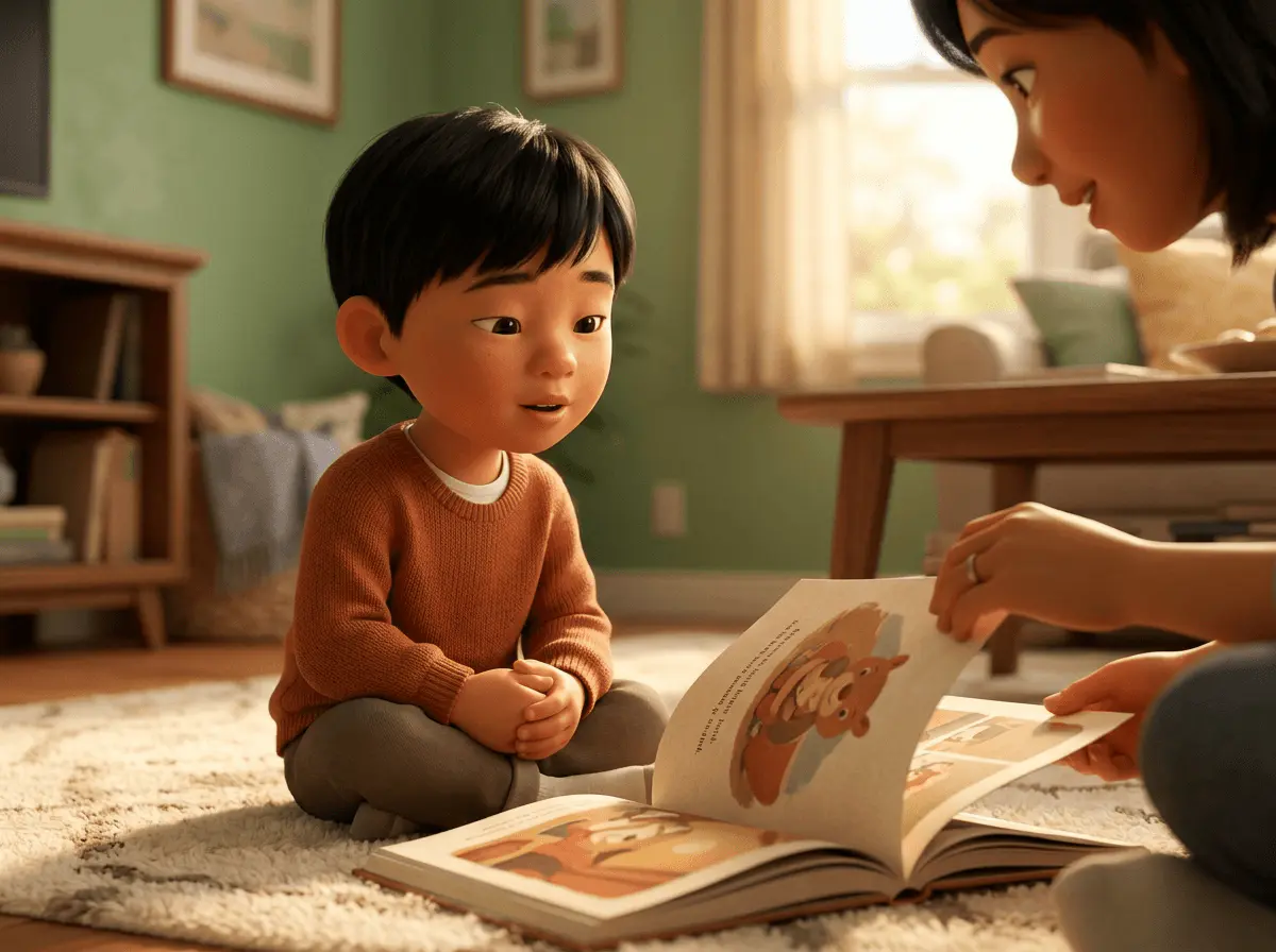Garçon est-asiatique de 4 ans aux cheveux noirs raides à frange, assis en tailleur, mains posées sur les genoux, attendant patiemment qu'un parent tourne lentement la page d'un livre illustré