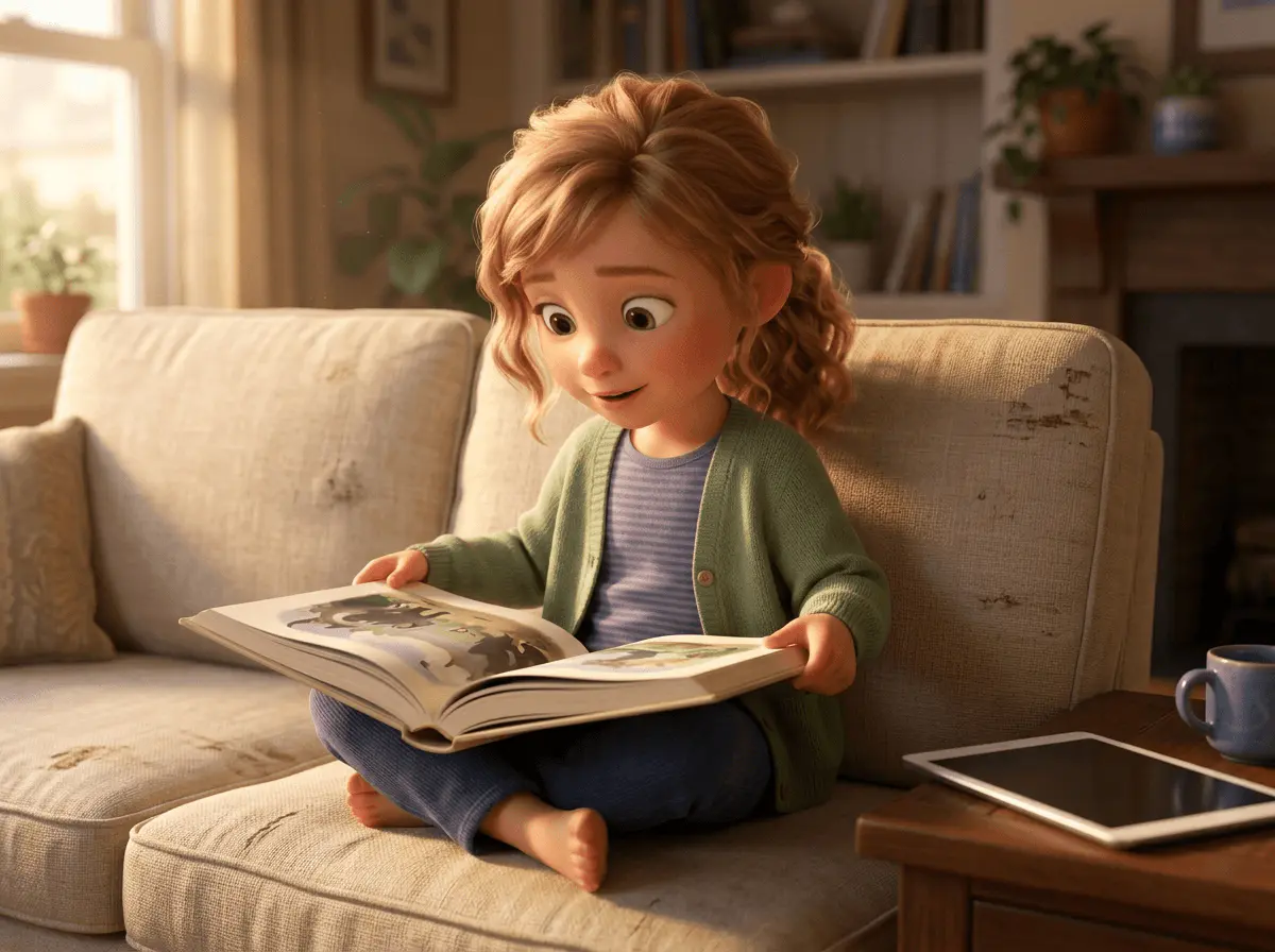 Petite fille de 5 ans à la peau claire et aux cheveux blonds ondulés, assise sur un canapé avec un livre illustré ouvert sur ses genoux, tablette posée éteinte sur la table à côté