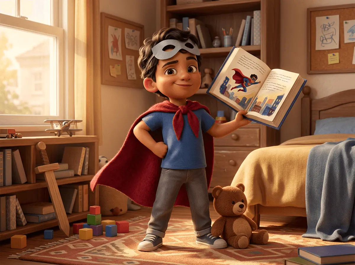 Petit garçon de 5 ans à la peau olive maghrébine et aux cheveux foncés ondulés, vêtu d'une cape de super-héros et d'un masque en papier, tenant un livre illustré qui montre un personnage de super-héros