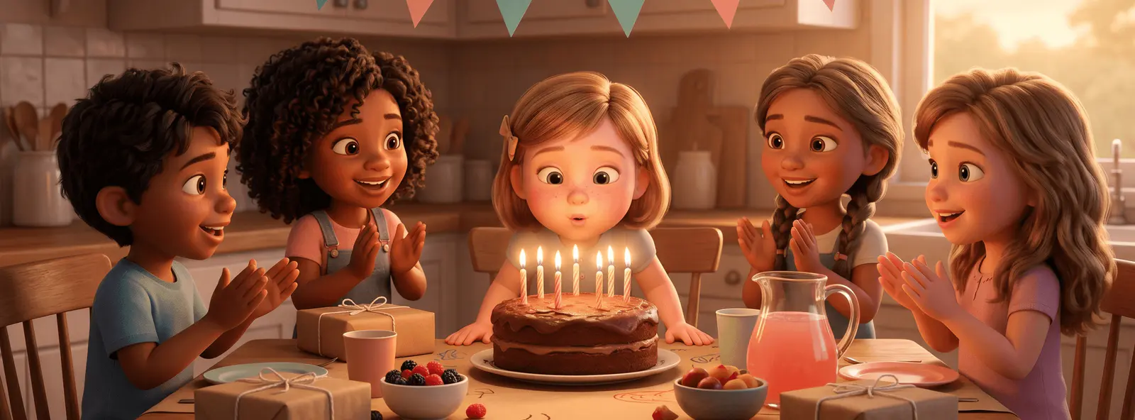 Petite fille de 6 ans aux cheveux blonds soufflant les bougies de son gâteau d'anniversaire entourée de quatre amis assis à table