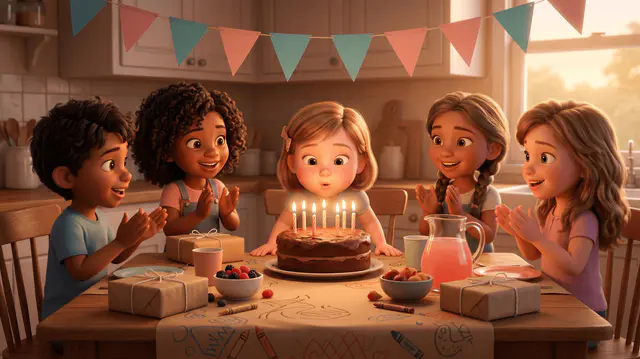 Petite fille de 6 ans aux cheveux blonds soufflant les bougies de son gâteau d'anniversaire entourée de quatre amis assis à table