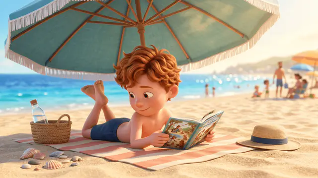 Petit garçon de 6 ans aux cheveux roux et taches de rousseur allongé sur une serviette de plage sous un parasol turquoise, lisant un album illustré