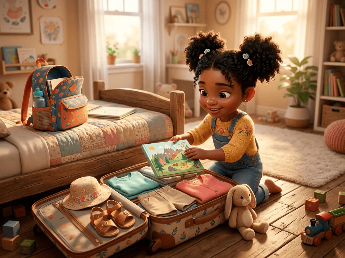 Petite fille de 5 ans aux cheveux bouclés noirs glissant un livre illustré dans une valise ouverte sur un lit, doudou lapin à côté